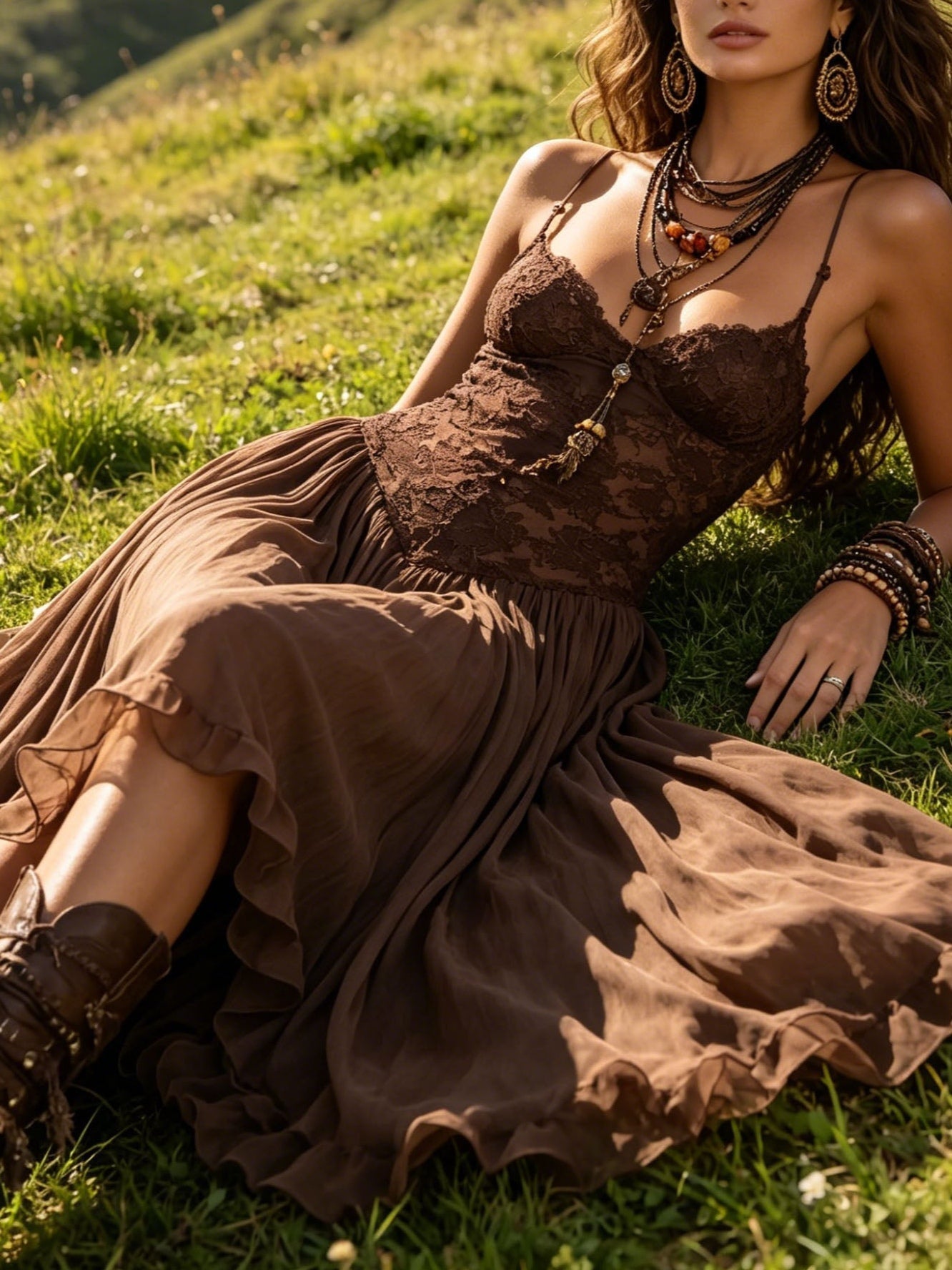 Rosalind Brown Lace Maxi Dress