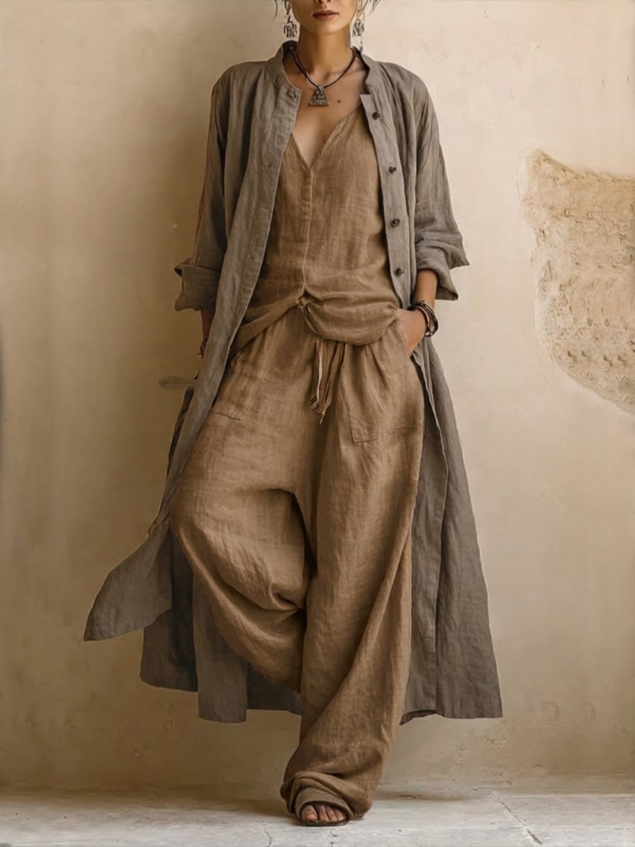 Donatella · Three-Piece Casual Set: Long Cardigan, Sleeveless Top, and Bohemian-Style Pants