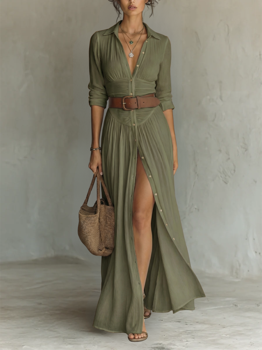 Long Maxi Dress with Notched Collar and Long Sleeves for Women