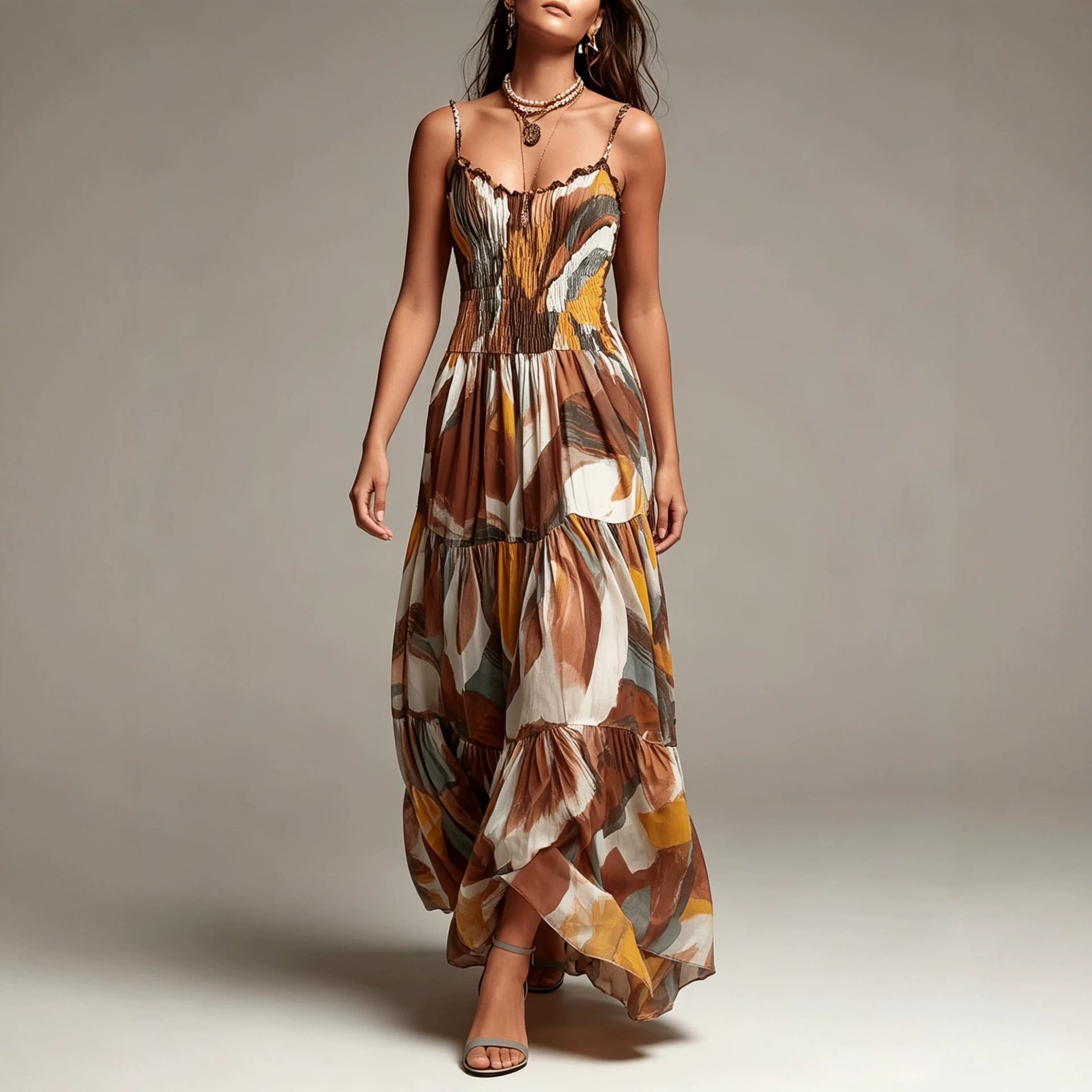 Abstract Print Smocked Tiered Maxi Dress