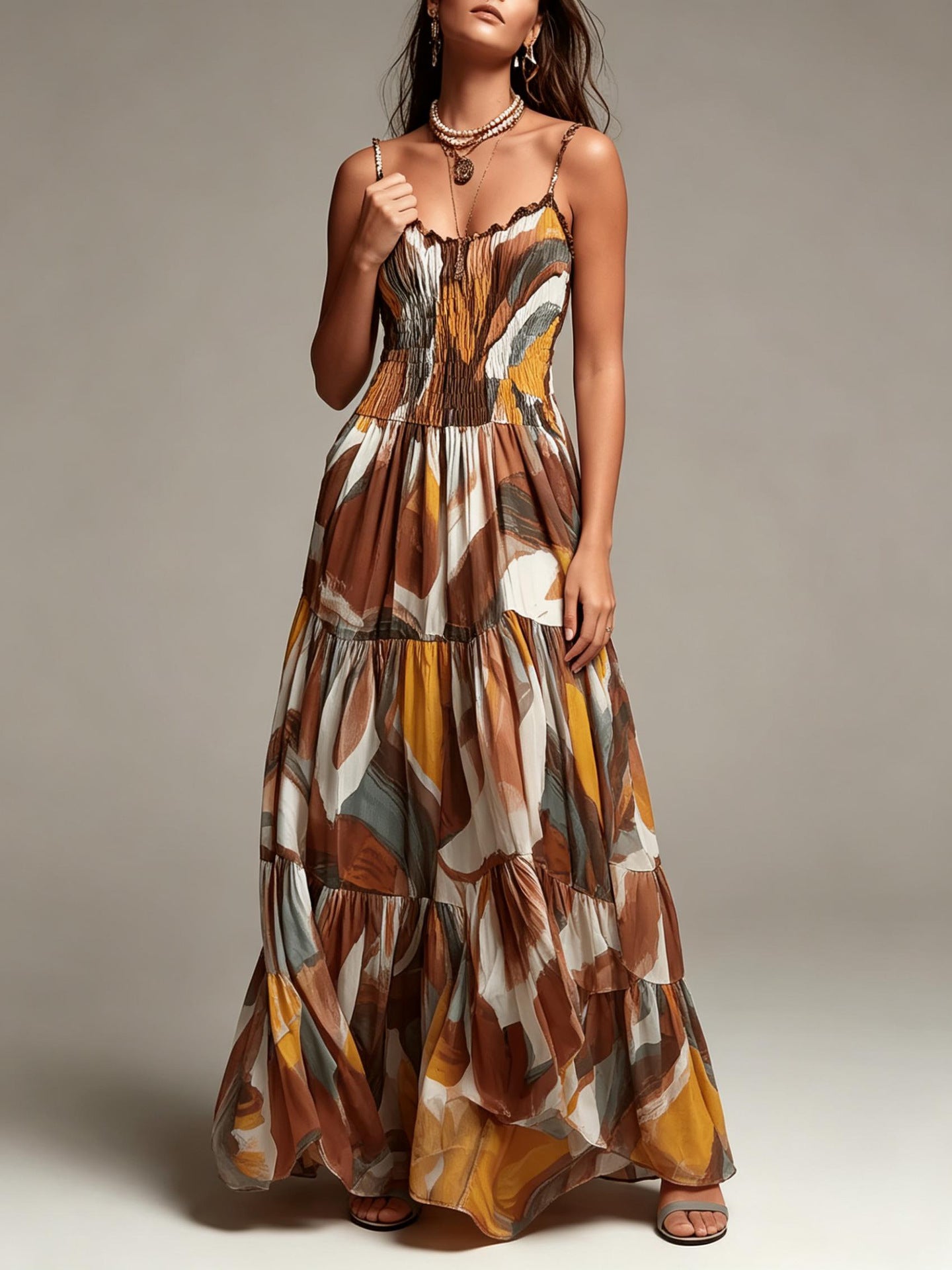 Abstract Print Smocked Tiered Maxi Dress