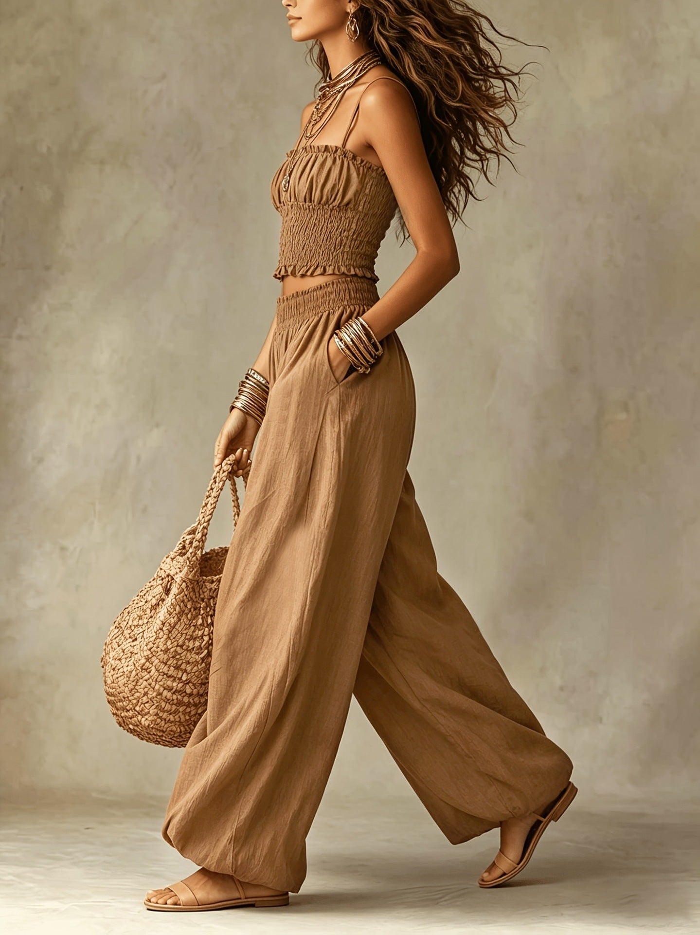 Smocked Crop Top Wide Leg Two-Piece Pants Set