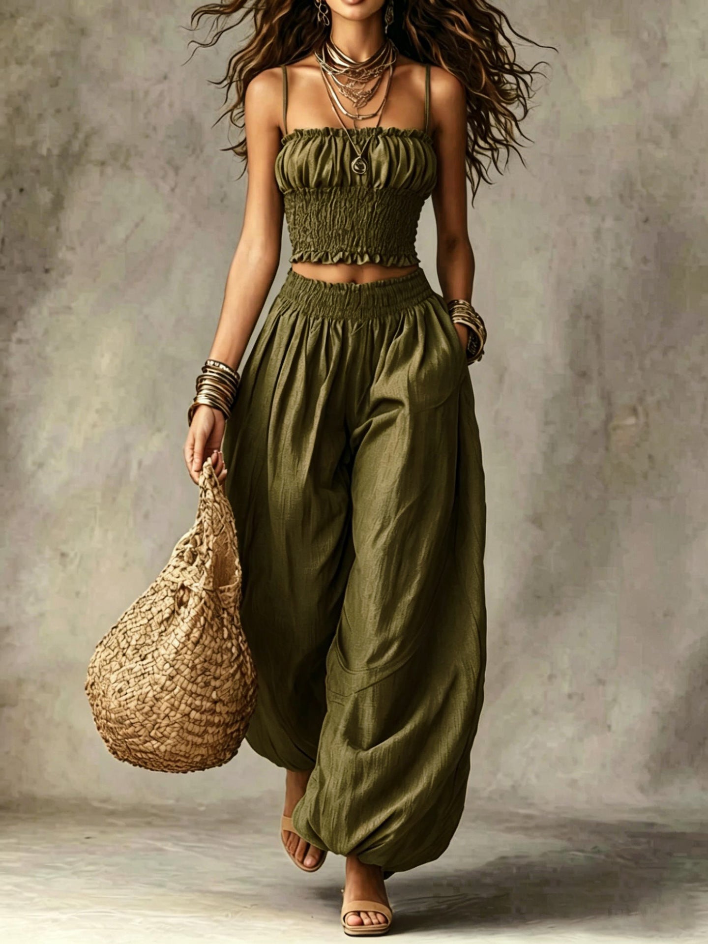 Smocked Crop Top Wide Leg Two-Piece Pants Set
