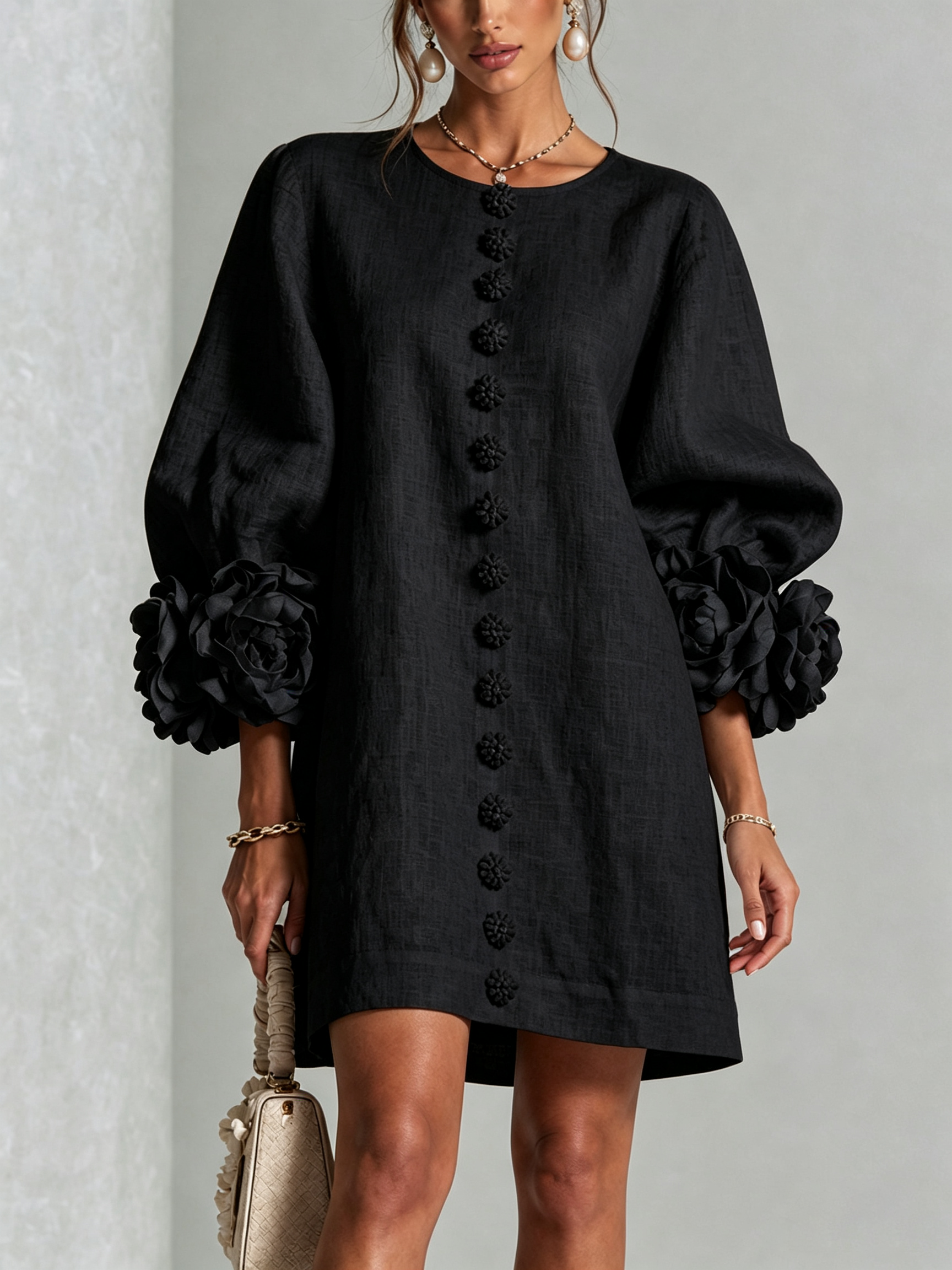 Floral Button-down Mini Dress With Striking Floral Cuffs