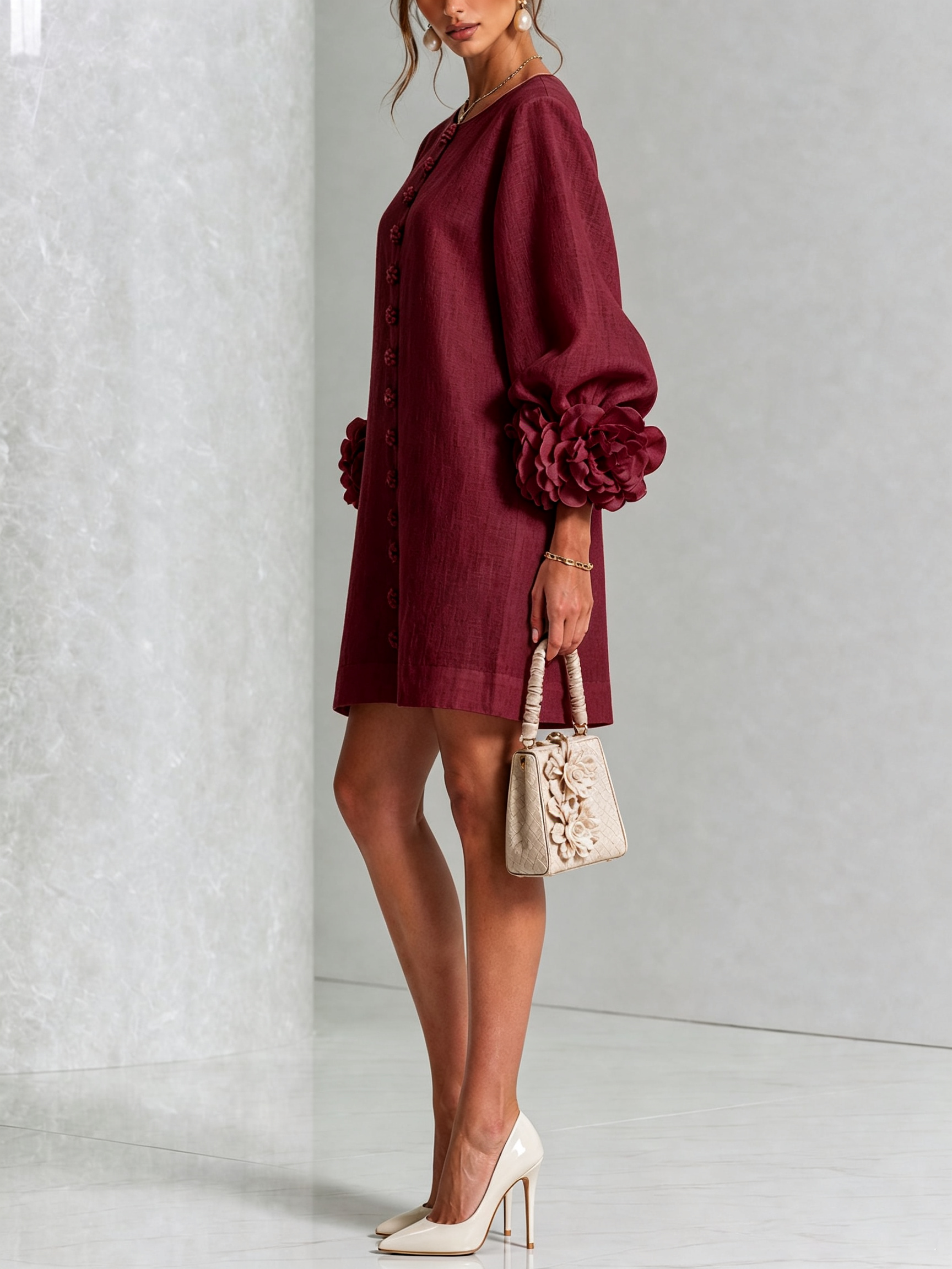 Floral Button-down Mini Dress With Striking Floral Cuffs