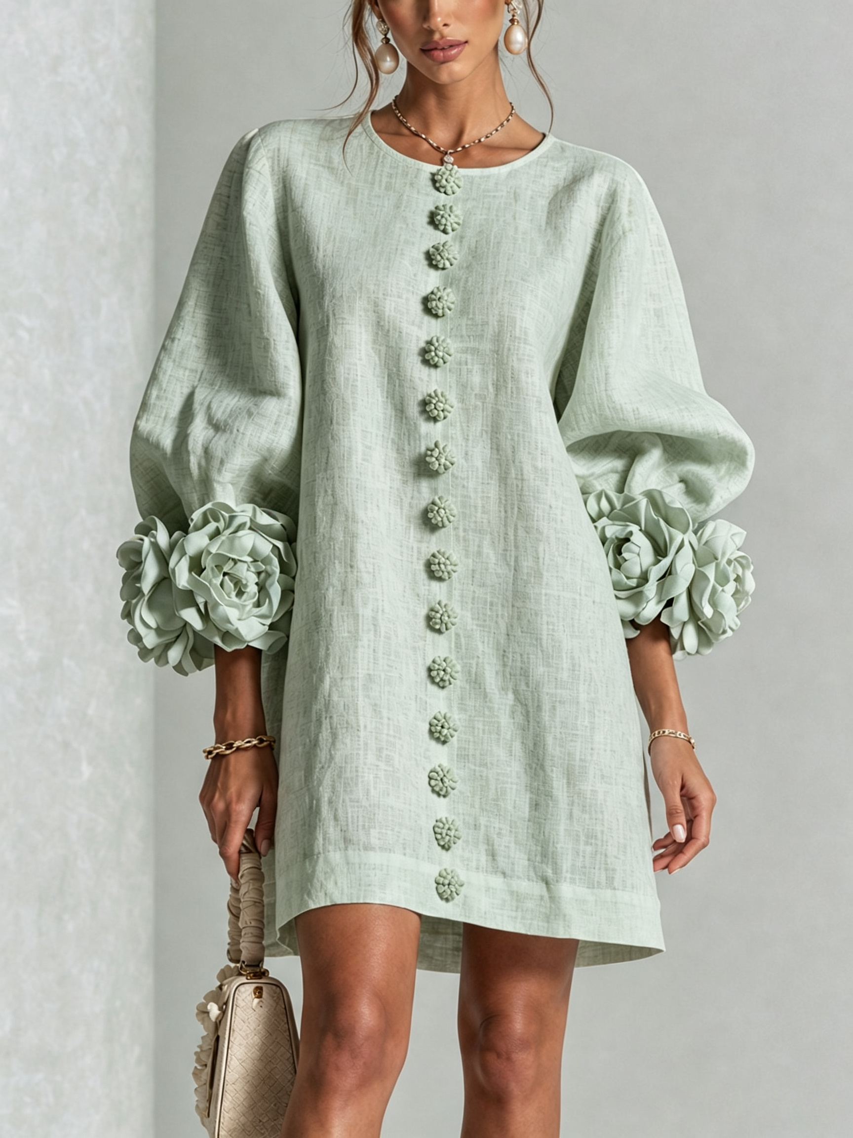Floral Button-down Mini Dress With Striking Floral Cuffs