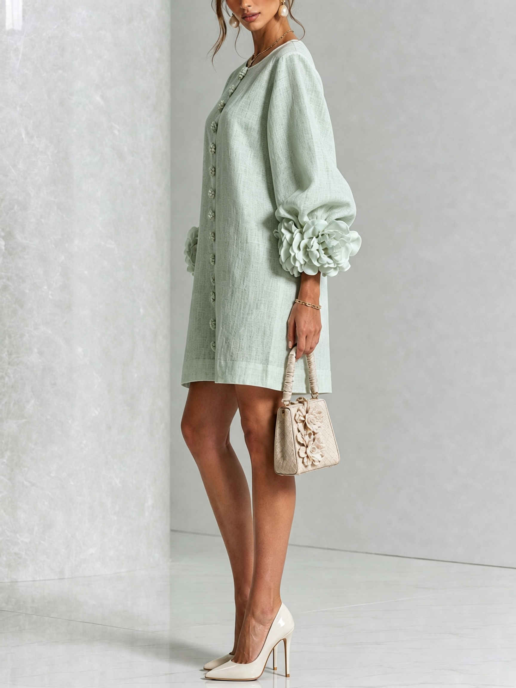 Floral Button-down Mini Dress With Striking Floral Cuffs