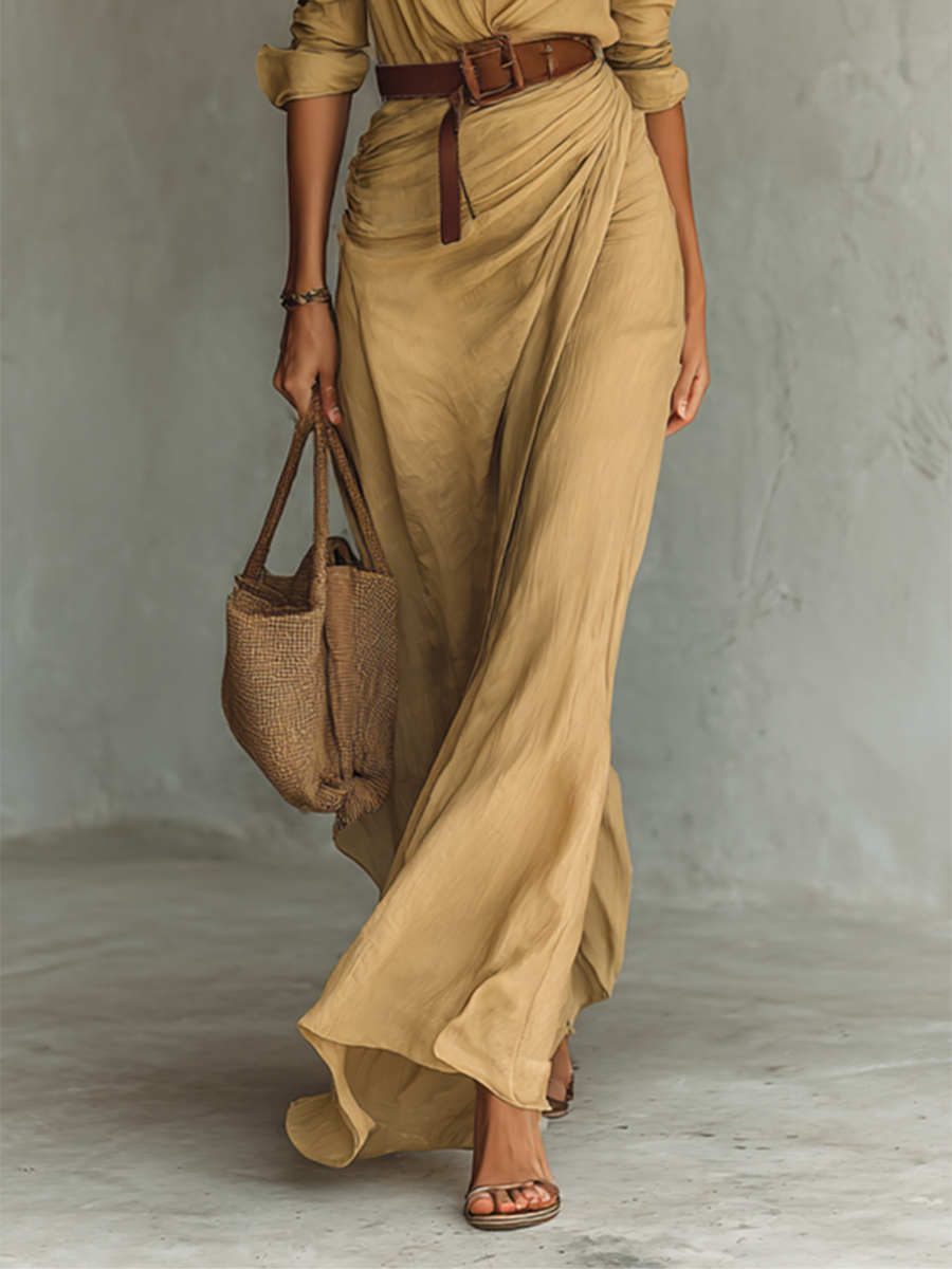 Long Maxi Dress with Notch Collar and Long Sleeves for Women