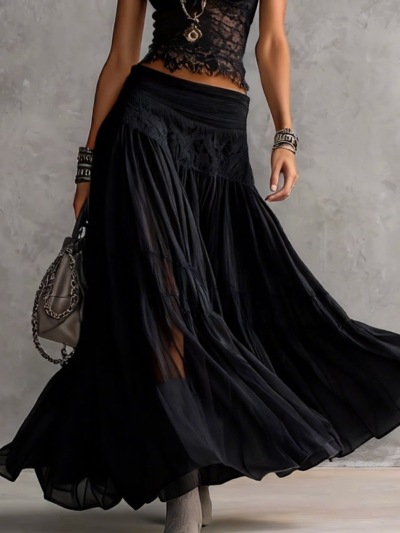 Geneva · Set consisting of a transparent top with black lace panels and a maxi pleated skirt