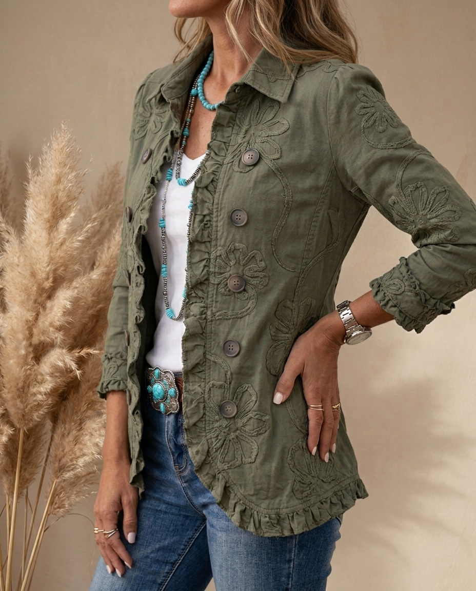 Kamberly™ | Boho Chic Floral Utility Ruffled Trim Jacket