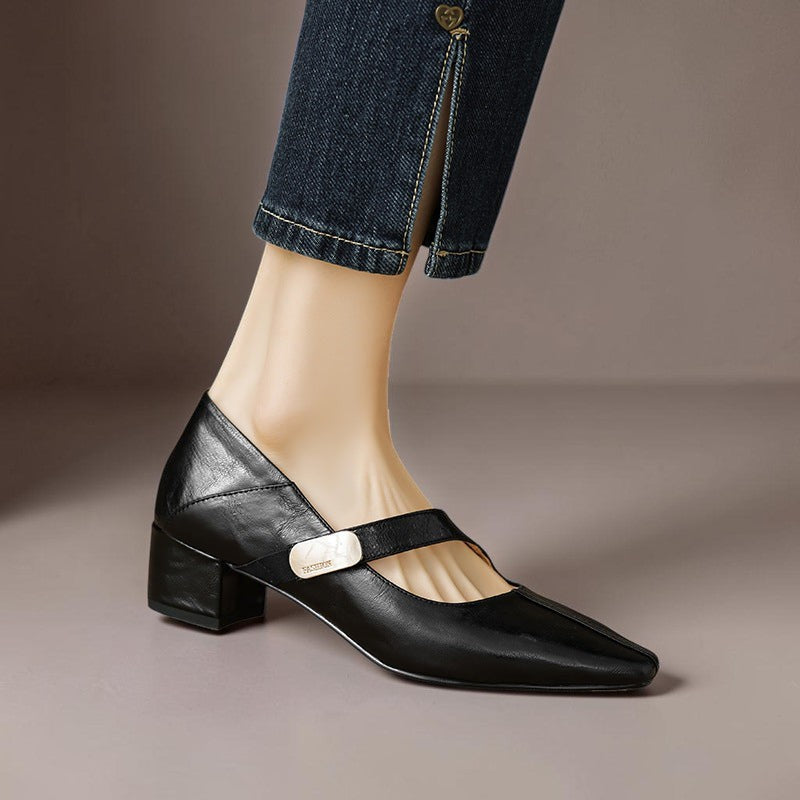 Quera | Chiseled Square-Toe Mary Jane Pump with Gold Bit