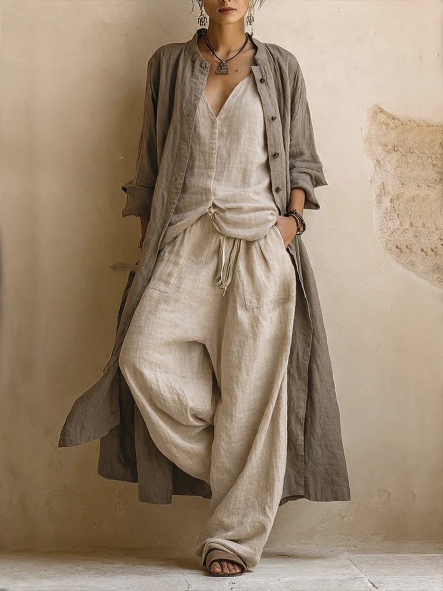 Donatella · Three-Piece Casual Set: Long Cardigan, Sleeveless Top, and Bohemian-Style Pants