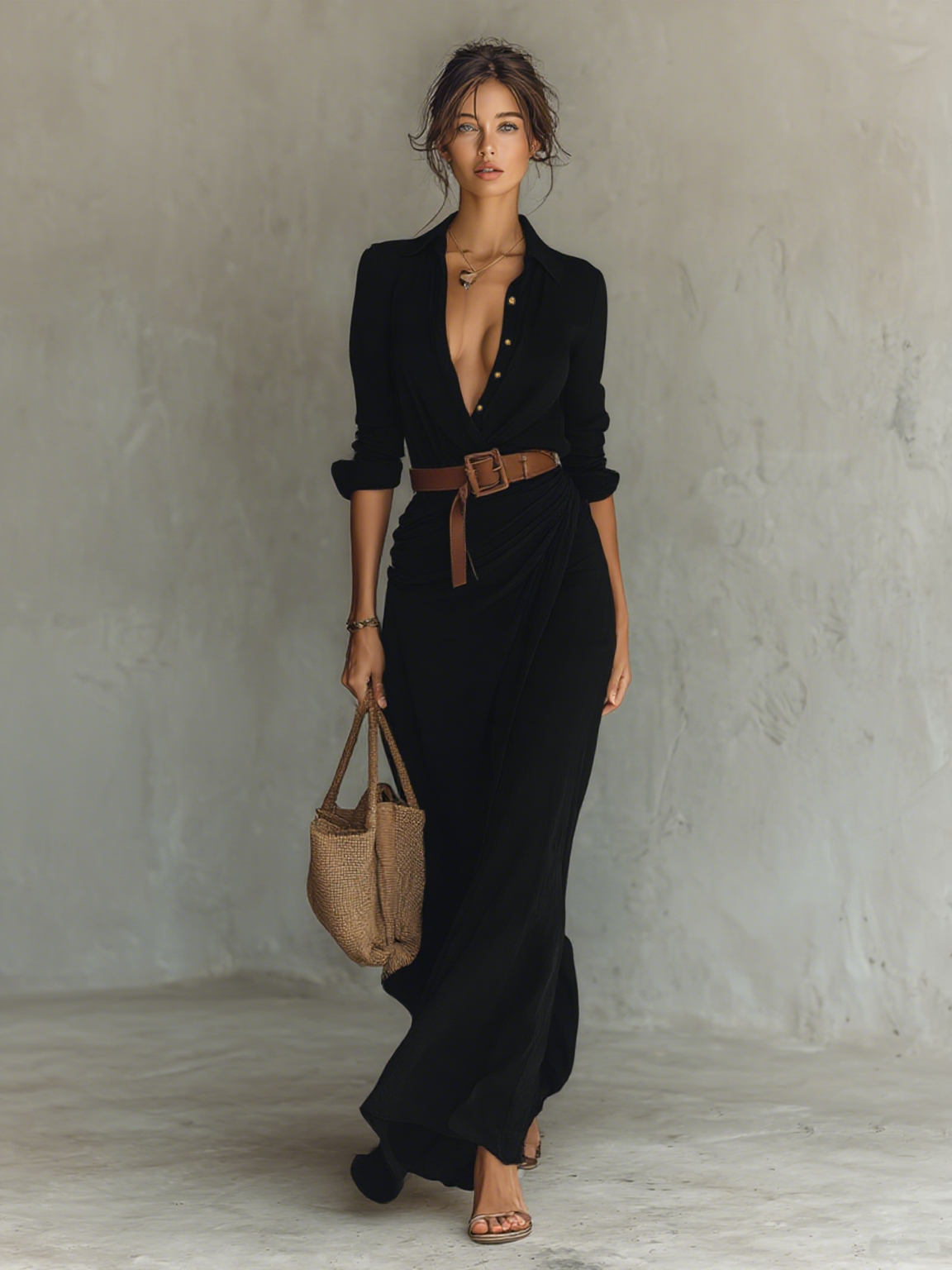 Long Maxi Dress with Notch Collar and Long Sleeves for Women