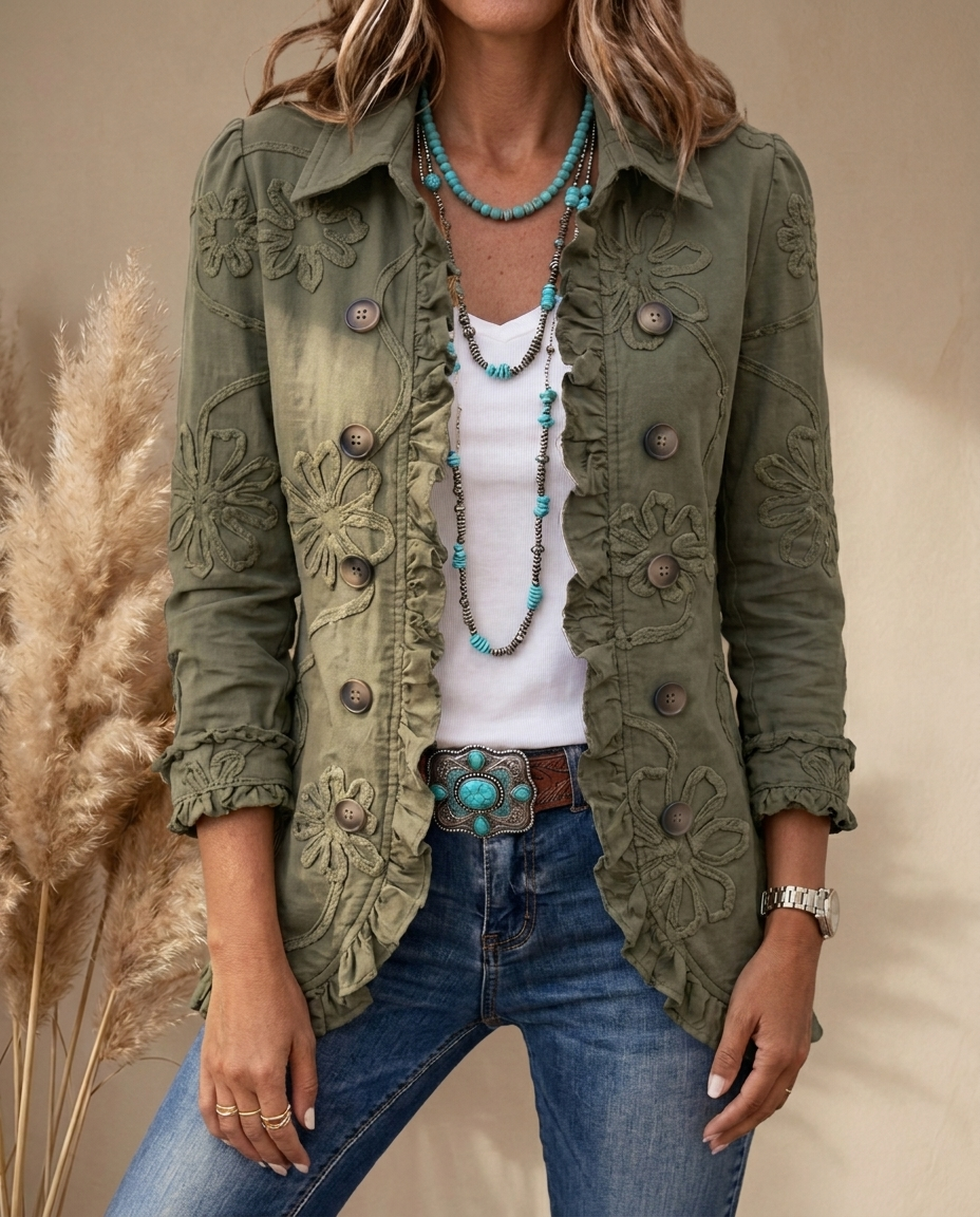 Kamberly™ | Boho Chic Floral Utility Ruffled Trim Jacket