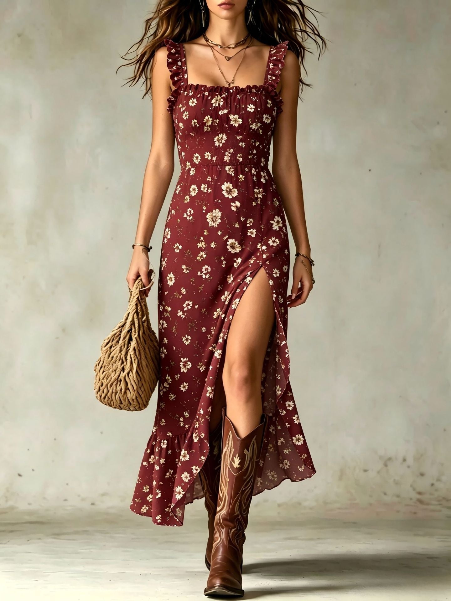Ditsy Floral Smocked Ruffle Slit Maxi Dress
