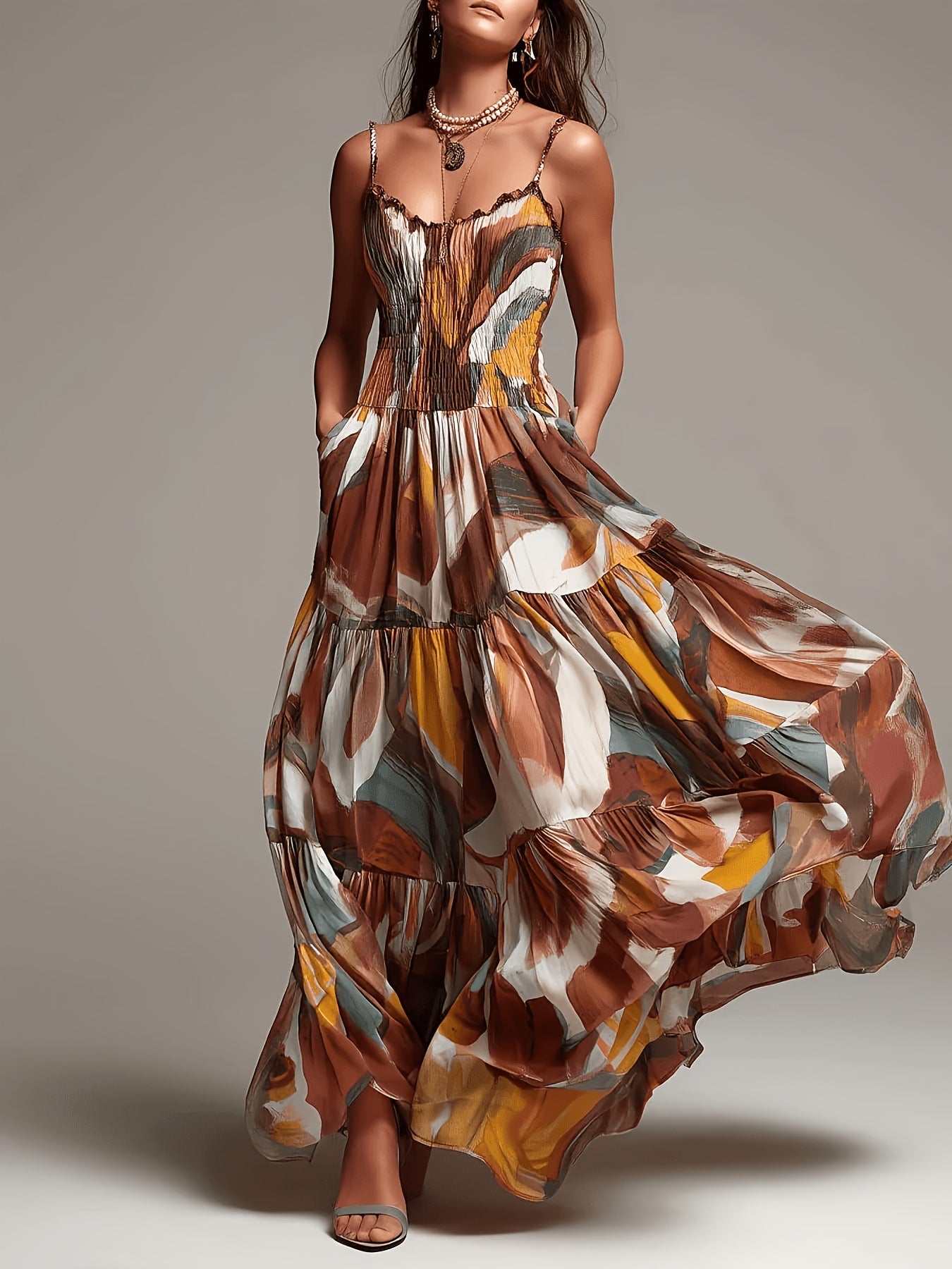 Abstract Print Smocked Tiered Maxi Dress