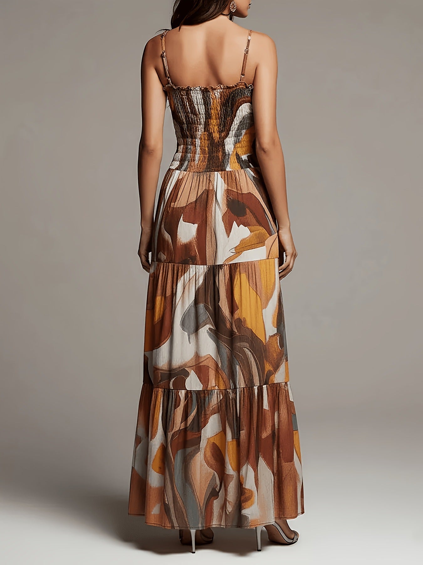Abstract Print Smocked Tiered Maxi Dress