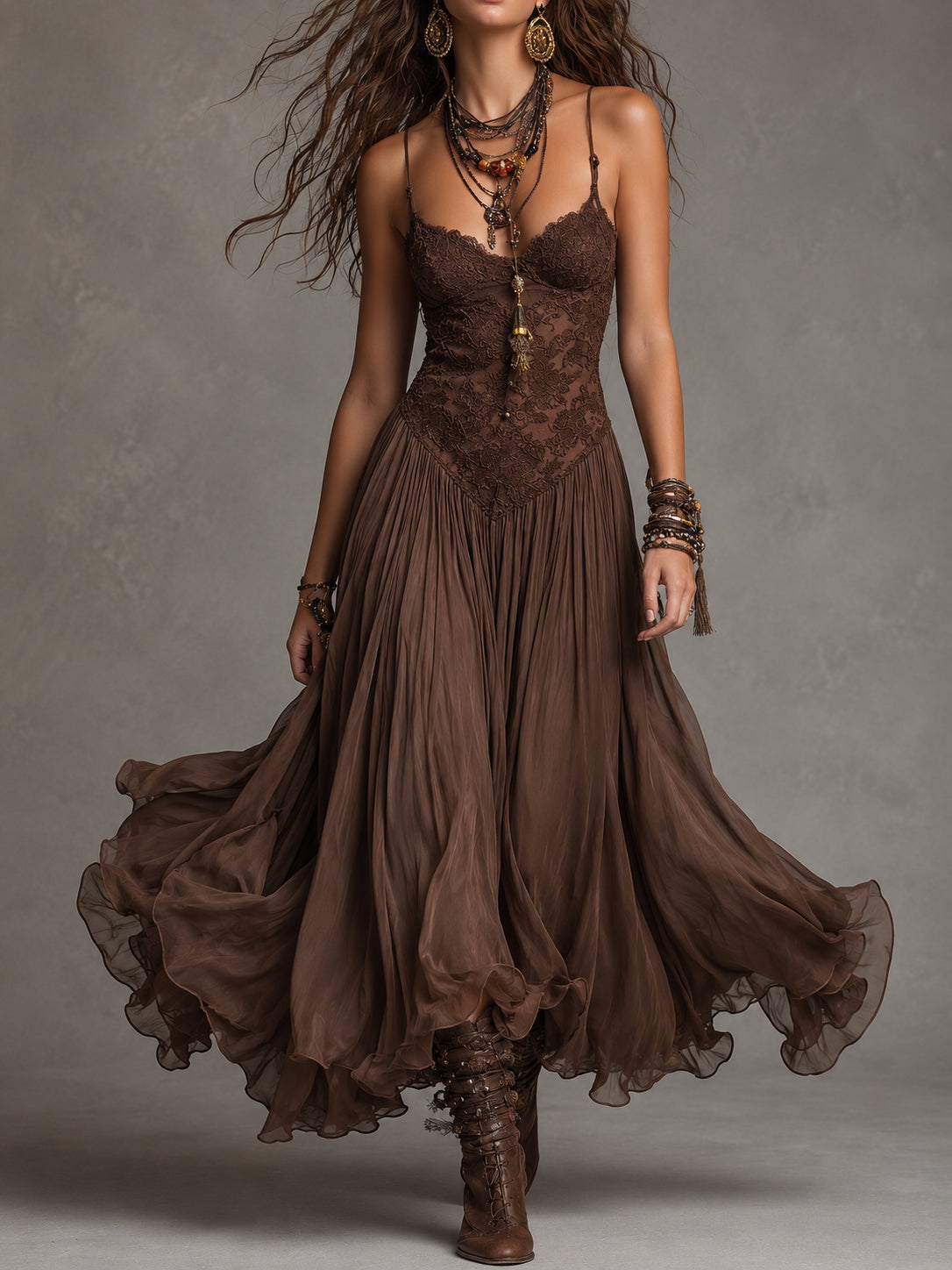 Rosalind Brown Lace Maxi Dress