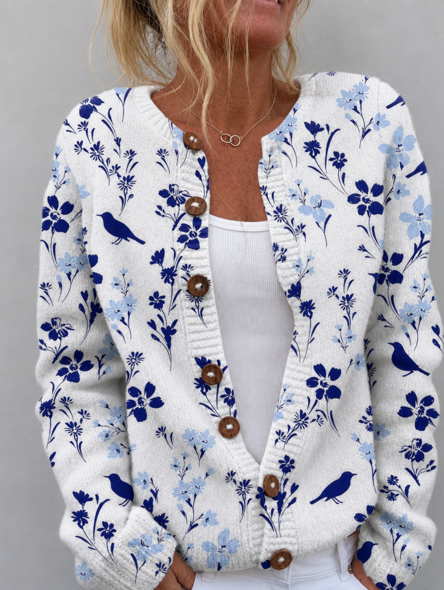 Vynora™ | Vintage Floral Bird Print Button Front Cardigan Sweater