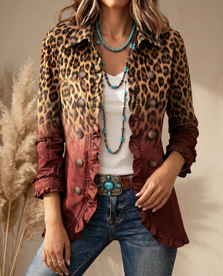 Elspeth™ | Leopard Ombre Ruffle Blazer Jacket